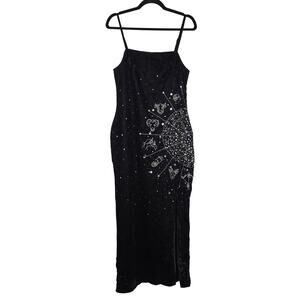 VTG Nasty Gal Dress Size 8 Black Velvet Zodiac Maxi Slip Sequin Party Formal Y2K